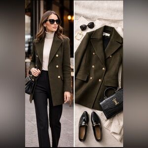 NWT Zara Wool Double-Breasted Pea Coat in Dark Olive Green Sz S